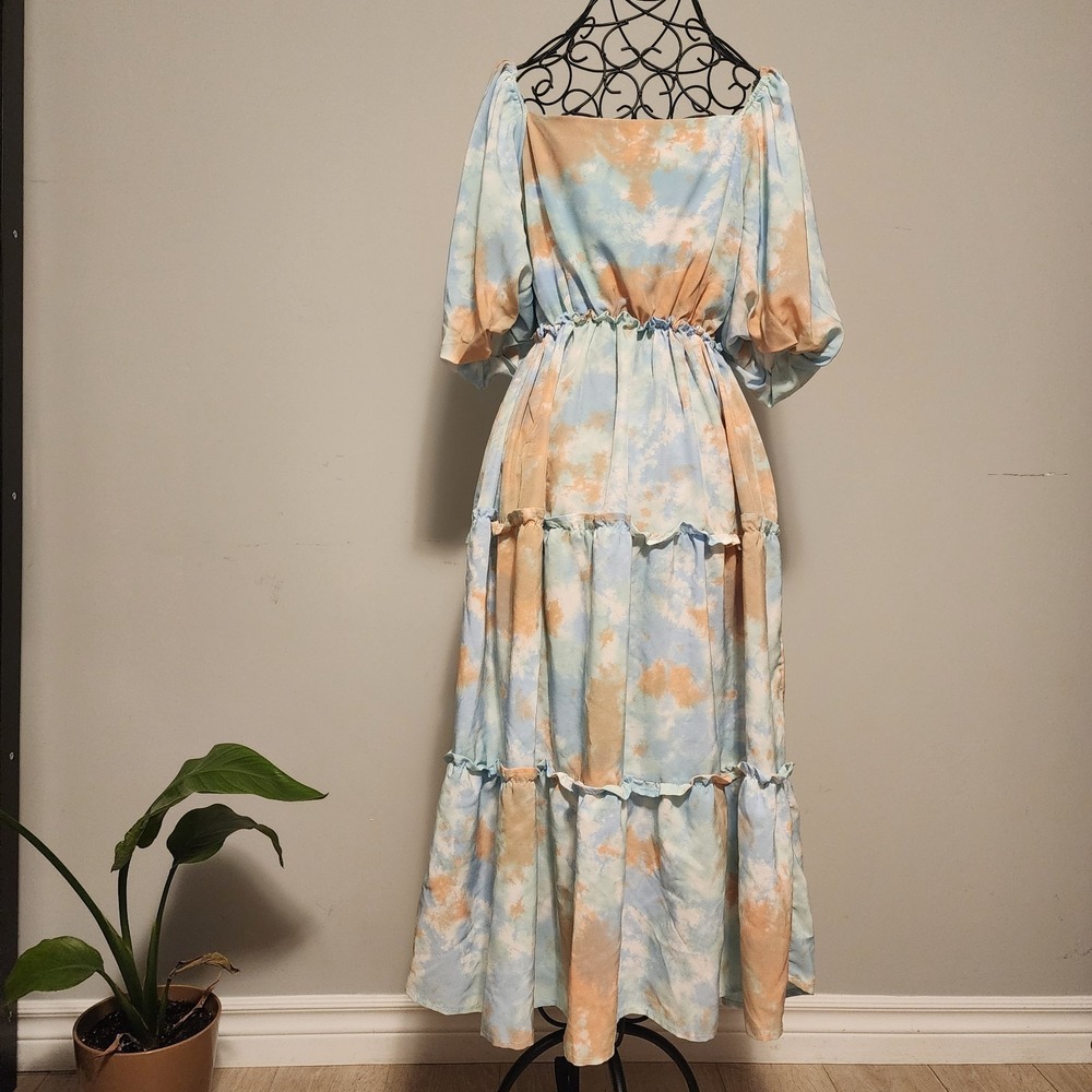 Puffy Tie Dye Long Dress, Baby Blue and Beige